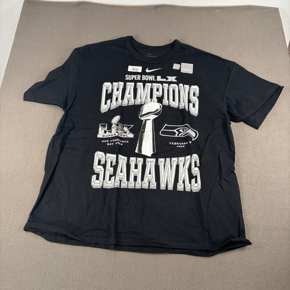 Nike Seattle Seahawks Super Bowl LX Champions Shirt Mens XL Black Trophy Tee